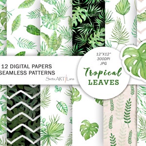 Papier numérique aquarelle de feuilles tropicales | Modèle sans couture de feuilles de jungle | feuille de bananier | Feuilles de palmier | modèle Monstera |  motif de verdure