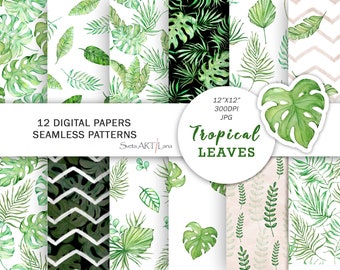 Tropische Blätter Aquarell Digitales Papier | Dschungel Blätter Muster | Bananenblatt | Palmblätter | Monstera Muster |  Muster: Grün