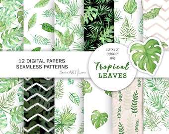 Tropical leaves watercolor digital paper. Exotic leaves seamless pattern | banana leaf | Palm Colors | monstera pattern |  greenery pattern