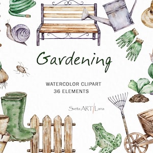 Clipart de jardinería en acuarela / Clipart de jardín de granja / Época de primavera / Rústico de temporada / Herramientas de jardín vintage png / Gnomo de jardín acogedor