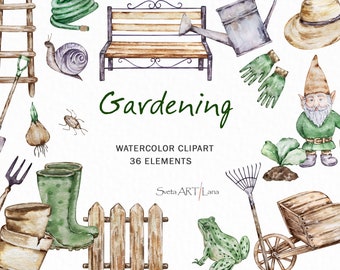 Watercolor Gardening Clipart | Farmhouse Garden Clipart | Spring Time | Rustic Seasonal | Vintage Garden Tools png | Cozy Garden Gnome
