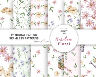 Garden floral Digital Paper | Watercolor garden seamless pattern | farmhouse Background | Flowers printable | Rustic paper | wildflowers