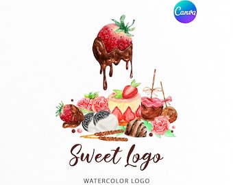Chocolate Dripping Strawberry Logo | Bakery Watercolor Logo | Dessert Sweet Chef Logo Design | Cake Logo | Pastry Custom Logo | Baking Logo