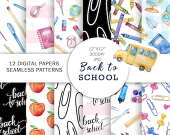 School Digital Papers | Watercolor Classroom School Supplies Digital Paper | Teacher Scrapbook Paper | Back to School | Education Background