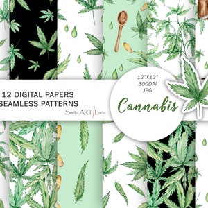 Cannabis watercolor digital papers | Hemp papers | Marijuana seamless pattern | Greenery Leaves | weed background | green plant paper design