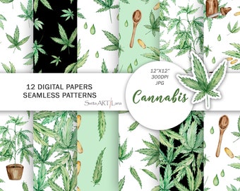 Cannabis watercolor digital paper | Hemp paper | Marijuana seamless pattern | Greenery Leaves | weed background | green plant paper design