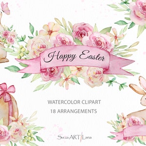 Hase Clipart | Aquarell Süßer Osterhase Clipart | Aquarell Blumen | Frühling Clipart | Ostergestecke | rosa Blush Rosen