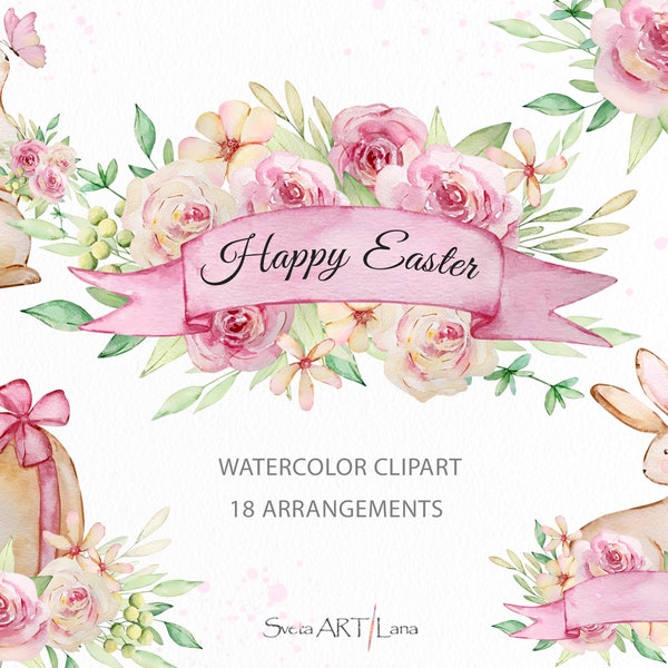 Easter Bunny Clipart, Watercolor Cute easter clipart, watercolor floral clipart, Spring Clipart, Easter arrangements