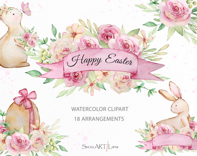Nursery Bunny Clipart | Watercolor Cute Easter Rabbit Clipart ...