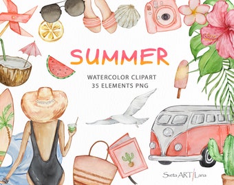 Watercolor summer clipart | Summer girl clipart | Vacation clipart | Retro Travel Bus | Tropical floral | holiday png | Relax on the beach