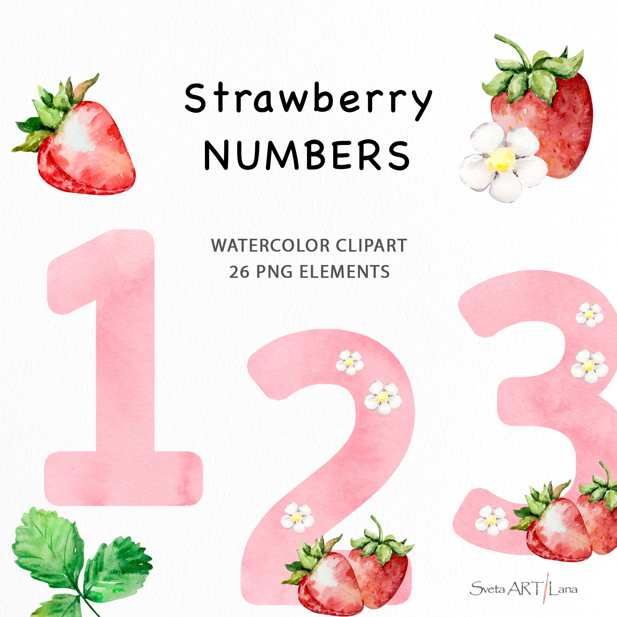 Pink Nursery Numbers PNG | Watercolor Strawberry Individual Numbers ...