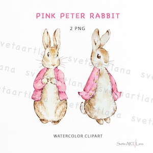 May include: Watercolor clipart featuring two illustrations of Peter Rabbit. The rabbits are depicted in a light brown color, wearing pink jackets. The text "PINK PETER RABBIT" and "WATERCOLOR CLIPART" are displayed above and below the illustrations.