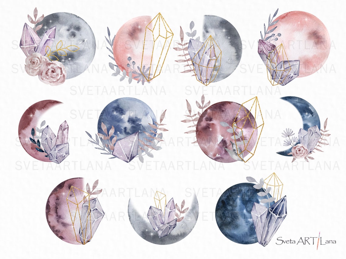 Watercolor Crystal Moons Clipart Floral Full Moon Etsy