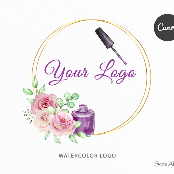 Premade Watercolor Nails Logo Design | Editable Canva Logo | Manicure logo | Nail Polish logo | Salon Logo | Beauty logo | Bussines Logo