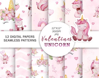 Unicorn Valentines Digital Paper | Watercolor Unicorn Seamless pattern | Romantic Valentine paper | Love scrapbook paper | Cute baby unicorn