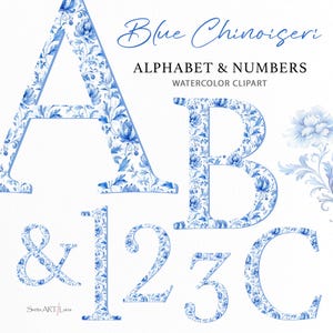 Clipart alfabeto cinese blu acquerello / Lettere blu / Alfabeto floreale / Iniziali monogramma PNG / Decorazioni per matrimoni / Numeri fiori blu