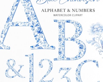 Alfabeto chinoiserie azul acuarela clipart / Letras azules / Alfabeto floral / Iniciales de monograma PNG / Decoración de bodas / Números de flores azules