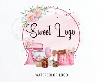 May include: A watercolor logo template featuring the text Sweet Logo in dark script. The design includes a pink stand mixer, a cupcake, a chocolate cake with pink frosting, and cake pops, all framed by a glittery pink circle and pink flowers.