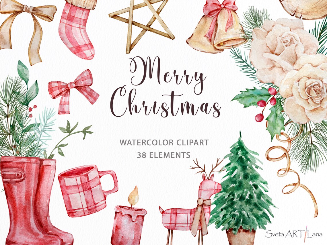 Watercolor Christmas Clipart Merry Christmas Classic - Etsy