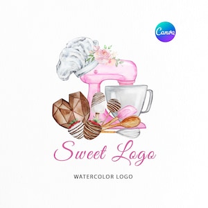 Premade Baking Mixer Logo | Chocolate Heart Breakable Logo | Watercolor Bakery Logo | Chef Logo Design | custom logo | Pink Mixer Logo