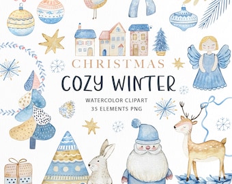 May include: A collection of watercolor Christmas clipart elements including blue and gold ornaments, a bird, a bow, houses, an angel, a reindeer, a rabbit, a gnome, trees, stars, snowflakes, and a gift box with the text CHRISTMAS COZY WINTER.