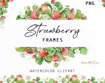 Watercolor Strawberry Frames Clipart | Strawberries Wreath Clipart | Sweet Fruits Spring Summer Clipart | Red Berry Seamless Borders png