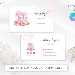 Modelo de cartão de visita da padaria de <br> Entrega Rápida? Cartão de visita personalizado editável | Design de cartão de visita cor-de-rosa do misturador | Cartão de guloseimas em aquarela