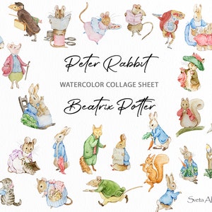 Peter Rabbit Freunde Collage Blatt | Aquarell Tier | Beatrix Potter Kunstbilder | Niedliche Hasenillustration | Kinderzimmer Babyparty Design