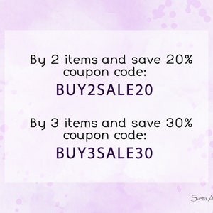 May include: A white rectangular graphic on a lavender background with text. The text reads "By 2 items and save 20% coupon code: BUY2SALE20" and "By 3 items and save 30% coupon code: BUY3SALE30". The artist's name is in the bottom right corner.