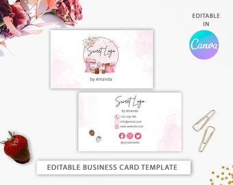 Bäckerei Visitenkarte Vorlage | Benutzerdefinierte Visitenkarte bearbeitbar | Visitenkarte Visitenkarte | Aquarell Rosa Mischer | Süße Leckereien Backkarte