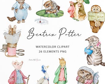 Peter Kanin Vänner Clipart | Akvarell Djur PNG | Beatrix Potter Karaktärer | Söta Kaninillustrationer | Babyshower för Barnkammaren | WPRC78