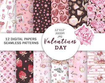 Watercolor Valentines Digital Papers, Valentines seamless pattern, Paper Crafts, Love paper, Roses paper, Valentines sweets paper