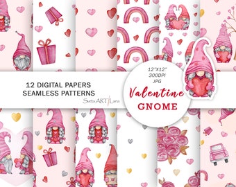 Valentine Gnome Digital Papers | Watercolor Gnome Seamless Pattern | Cute Valentine Gnome Patterns | pink hearts wallpaper | Scrapbook Paper