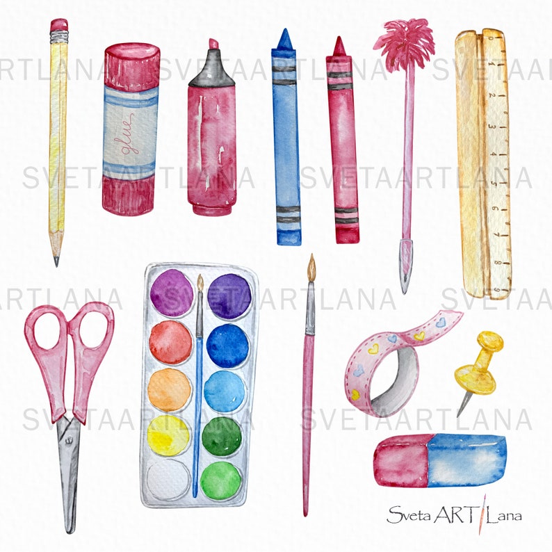 May include: A set of watercolor paints, paintbrushes, crayons, glue stick, scissors, a ruler, a pencil, a push pin, a roll of washi tape, and an eraser. All items are painted in a watercolor style.