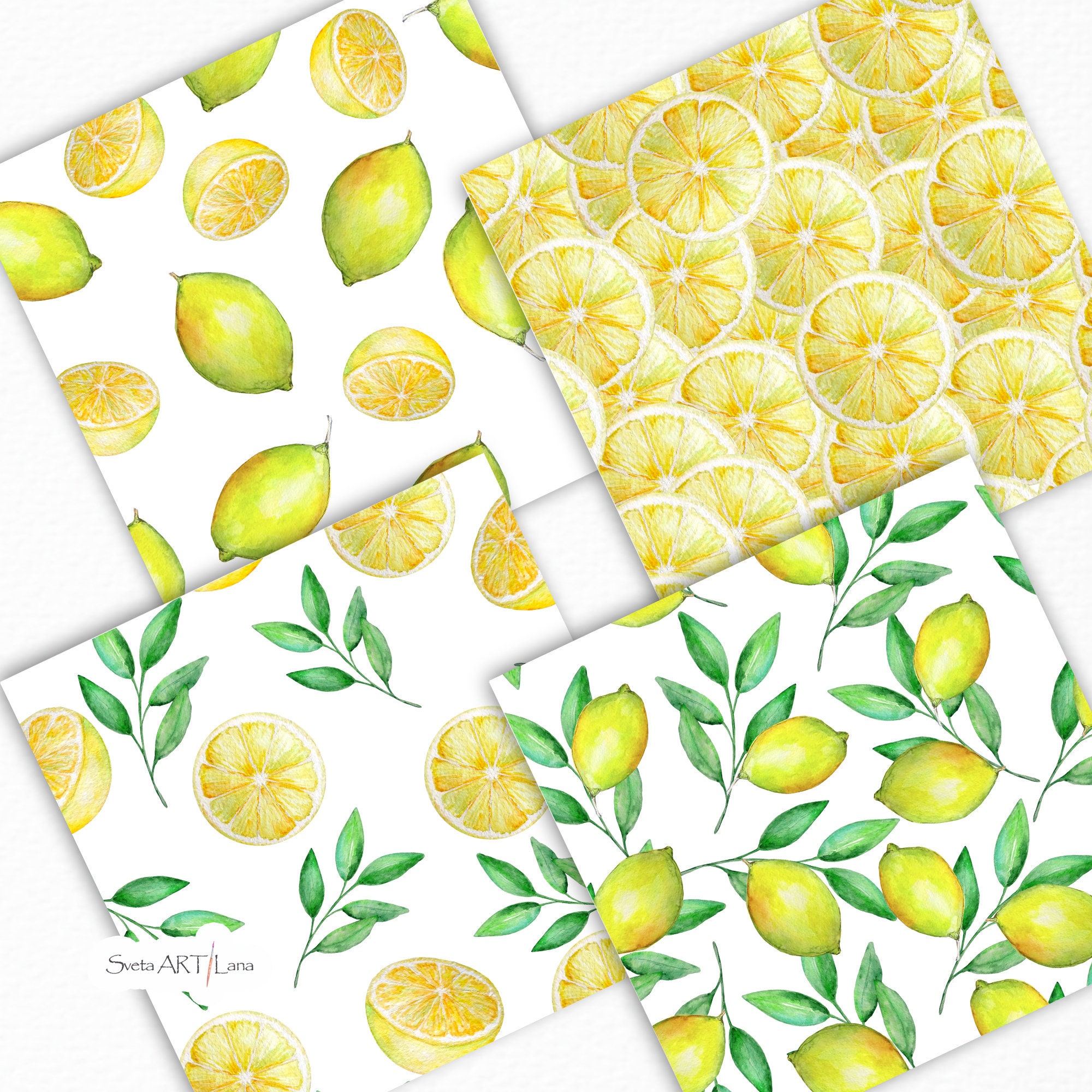 Watercolor Lemons Digital Papers | Citrus Seamless Pattern | Yellow ...