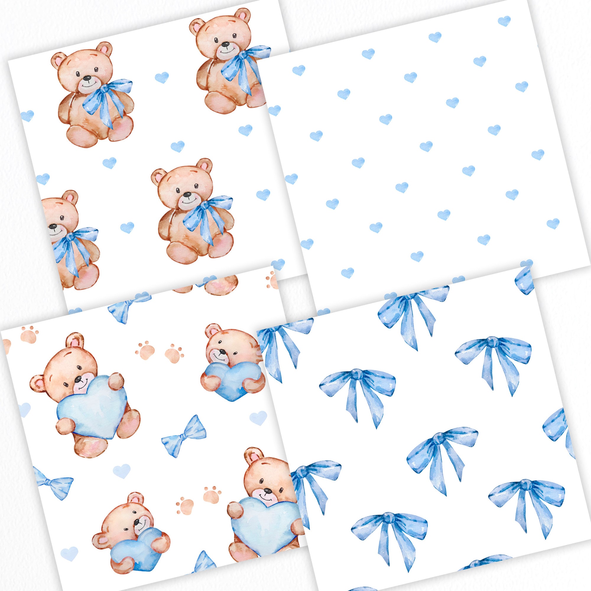Teddy Bear Digital Papers | Watercolor Blue Teddy Bear Seamless ...