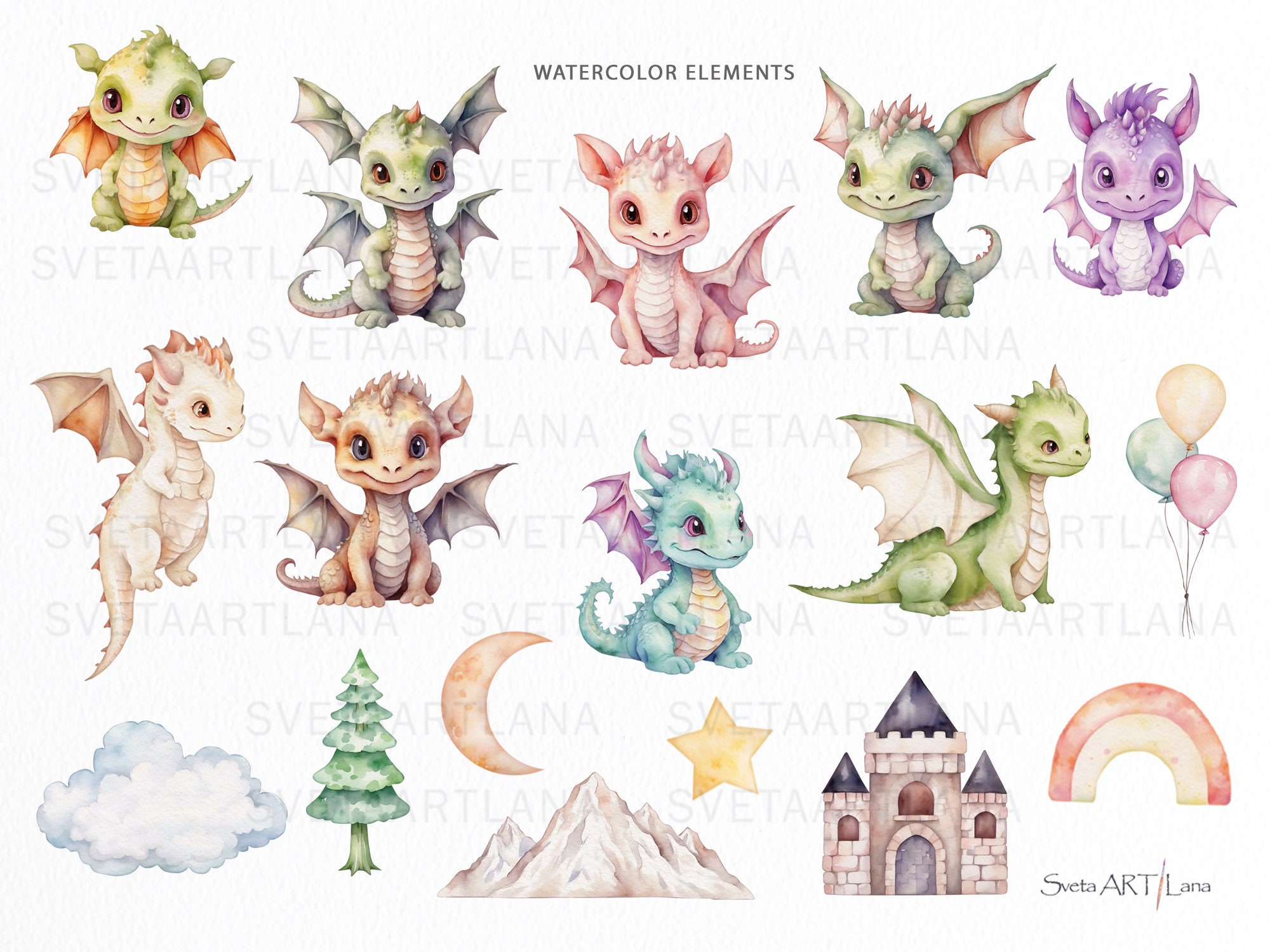 Watercolor Baby Dragons Clipart | Cute Dragon PNG | Nursery Animals ...