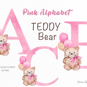 Clipart alfabeto rosa orsetto / Acquerello simpatico orso alfabeto PNG / Compleanno orsetto 26 lettere / Lettera rosa / monogramma iniziali png