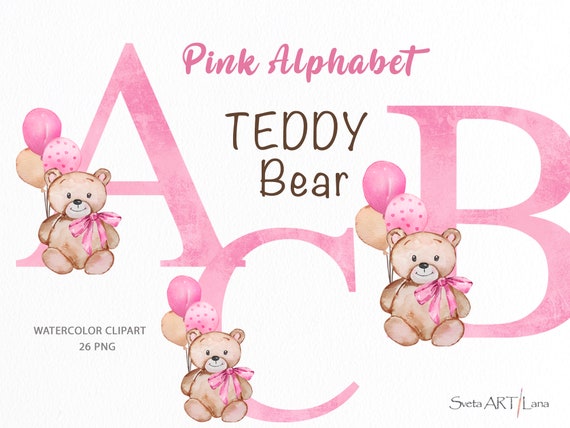 Teddy Bear Pink Alphabet Clipart Watercolor Cute Bear Alphabet PNG Birthday Little Bear 26 Letters Pink Letter Monogram Initials Png Etsy