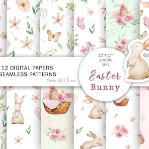 Aquarell Kaninchen Digitale Papiere | Frühling Floral nahtlose Muster | Niedliche Hasenpapiere | Kaninchen digitale Papiere | Ostern Hintergrund | Kinderzimmer