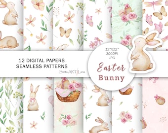 Watercolor Easter Digital Paper | Spring Floral Seamless Pattern | Cute Bunny paper | Rabbit digital paper | Easter background | nursery