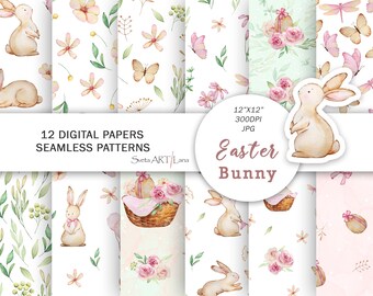 Watercolor Bunny Digital Papers | Spring Floral Seamless Patterns | Cute Bunny Papers | Rabbit Digital Papers | Nursery Easter Background