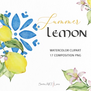 Watercolor Lemons clipart | Mediterranean Italy Tile set | Positano Blue Tile png | Elegant Lemons Compositions | watercolor azulejo clipart