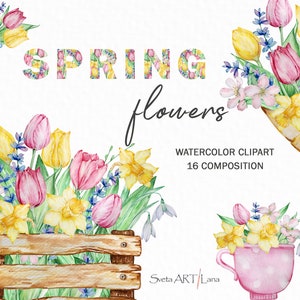 Aquarell Frühlingsblumen Clipart | Blumenstrauß | Gießkanne mit Blumen | Muttertag Tulpen, Narzissen | Blumenschmuck png