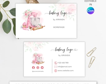 Bäckerei Visitenkarte Vorlage | Benutzerdefinierte Visitenkarte bearbeitbar | Pink Mixer Visitenkarten Design | Aquarell Süße Leckereien Karte | Heimatbäckerei