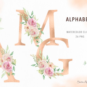 Watercolor Aesthetic Alphabet with flowers | Boho Letters | Floral Alphabet | Blush Pink Roses Monogram | Beige Initials PNG Wedding Decor