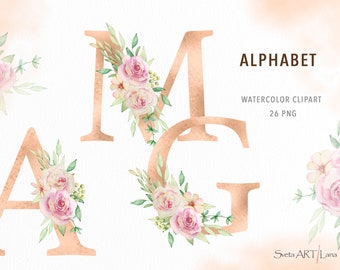 Watercolor Aesthetic alphabet with flowers, Boho letters, floral alphabet, Blush roses monogram, initials, PNG Wedding Decor Monogram