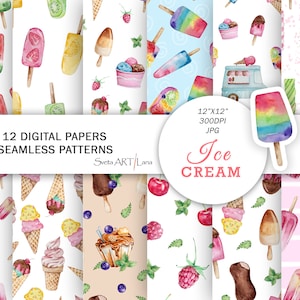 Ice Cream Digital Papers | summer digital papers | watercolor sweet seamless patterns | party print background | watercolor ice cream truck