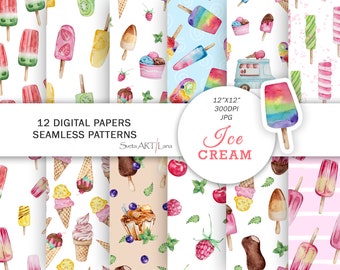 Ice Cream Digital Paper | summer digital paper | watercolor sweet seamless pattern | party print background | watercolor ice cream truck