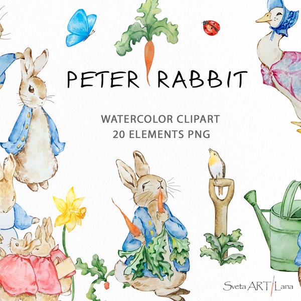 Clipart Peter Rabbit and Friends | Aquarelle de lapin PNG | Images artistiques de Beatrix Potter | Illustration de lapin mignon | clipart chambre d'enfant